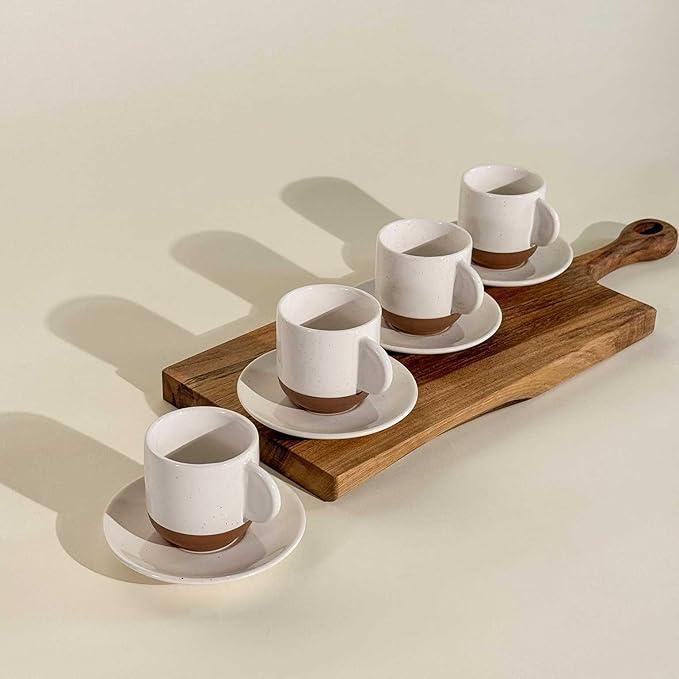 Mora Ceramic Mini Espresso Cups Set of 4, 3oz - Tiny Italian Inspired Mugs With Saucers For Small Shots of Coffee - Modern Boho Style For Any Kitchen or Cafe. Microwave Safe Porcelain - Vanilla White