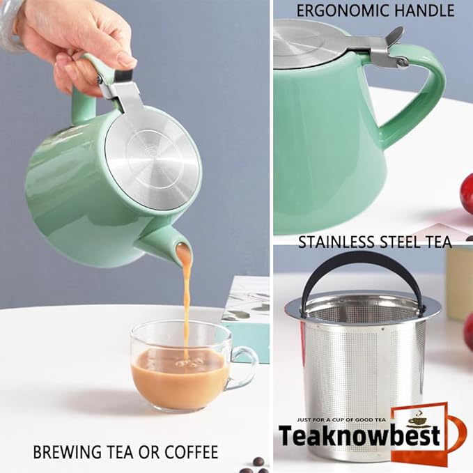 Ceramic teapot, 19oz Tea pot for loose leaf tea, Tea infuser pot with Removable 18/8 Stainless Steel Infuser and teaspoon, Suitable for 1-2 people to brew tea or coffee (azure)