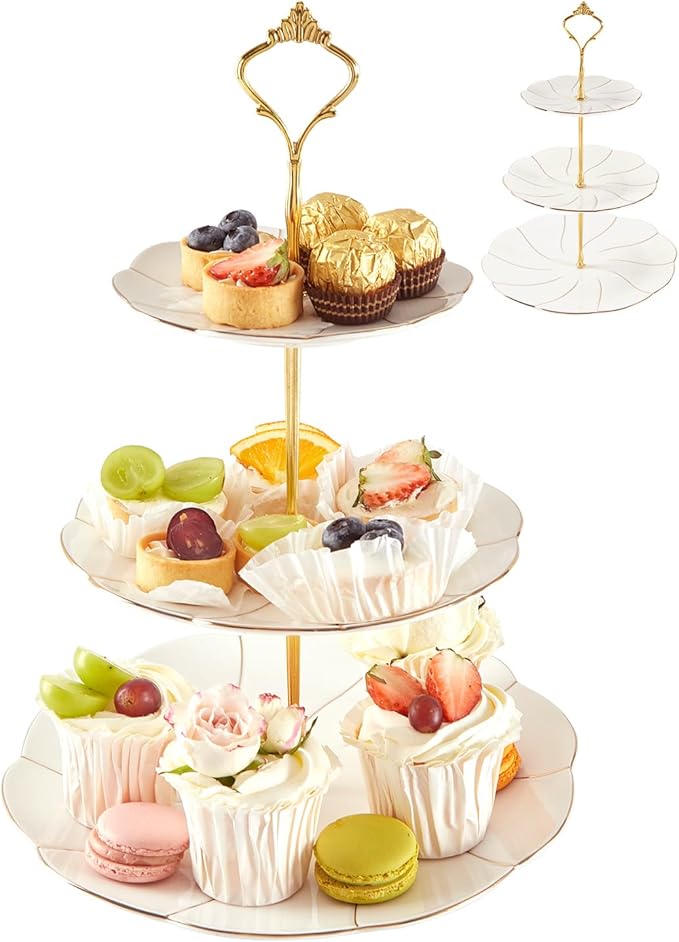 DUJUST Luxury Porcelain 3-Tier Cupcake Stand Tower, British Style Serving Tray with Golden Trim, Food Grade Dessert Display Stand, Beautiful Gift for Tea Party & Home Décor