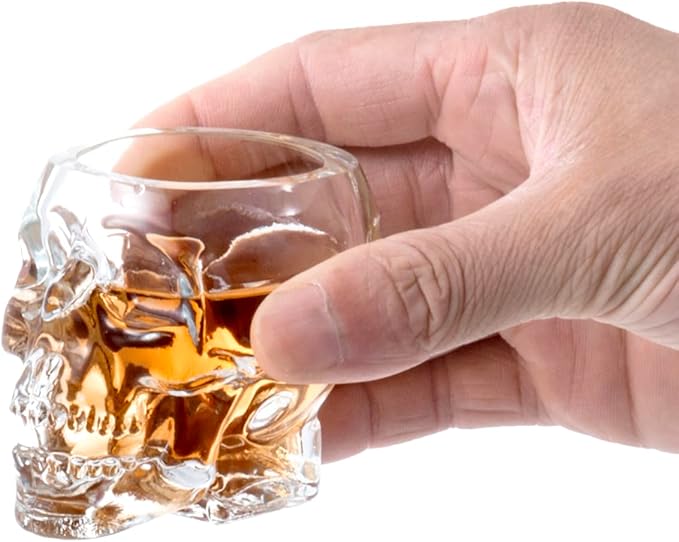 MyGift Set of 6 Skull Shot Glasses – 2.8 oz Clear Glass Novelty Drinkware for Halloween Parties, Cocktail Bars & Home Decor – Spooky 3D Skull Design