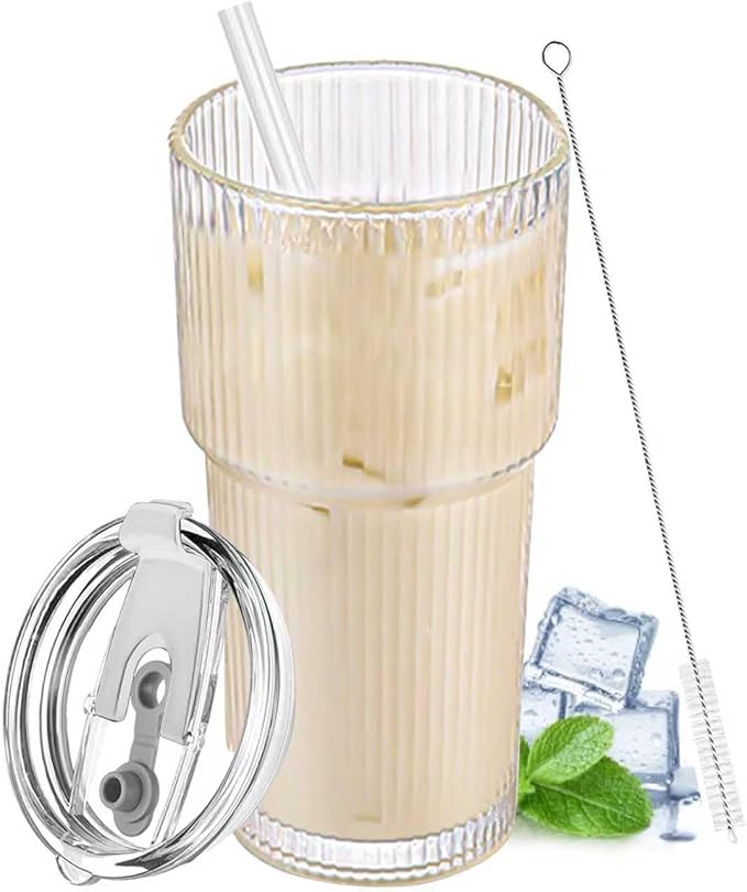 20 oz Glass Tumbler with Lid and Straw, Clear Ribbed Iced Coffee Cup, High Borosilicate Glass Tumbler, Reusable Vintage Glassware for Iced Coffee, Smoothies, Cocktails, and Juices