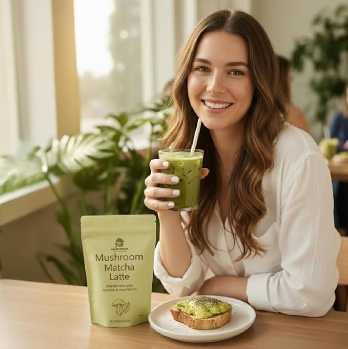 Mushmatcha Mushroom Matcha Latte Powder - Ceremonial Grade Organic Matcha Green Tea with Adaptogenic Mushrooms - Vegan Superfood Drink for Focus & Natural Energy - No Additives, 100% Natural - 100g