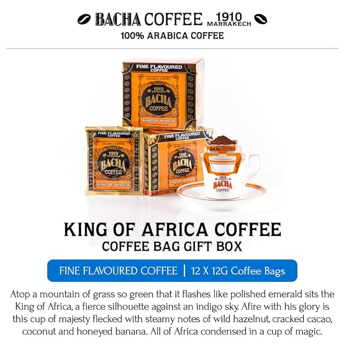 Bacha Coffee | King of Africa Fine Flavoured, Medium Roast, 100% Arabica Specialty Coffee, 12 Coffee Drip Bags, Gift Box