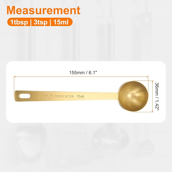 HARFINGTON 3pcs Coffee Scoop Spoon 1tbsp (3tsp, 15ml) 304 Stainless Steel Long Handle Teaspoon/Tablespoon Measuring Spoons Scoops for Tea Sugar Kitchen, Gold