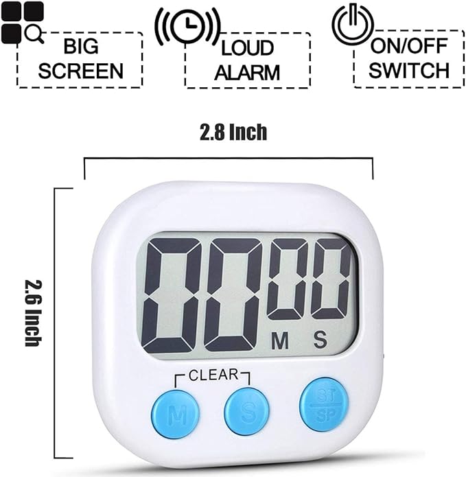 2 Pack Digital Kitchen Timer for Cooking Big Digits Loud Alarm Magnetic Backing Stand Cooking Timers for Baking White