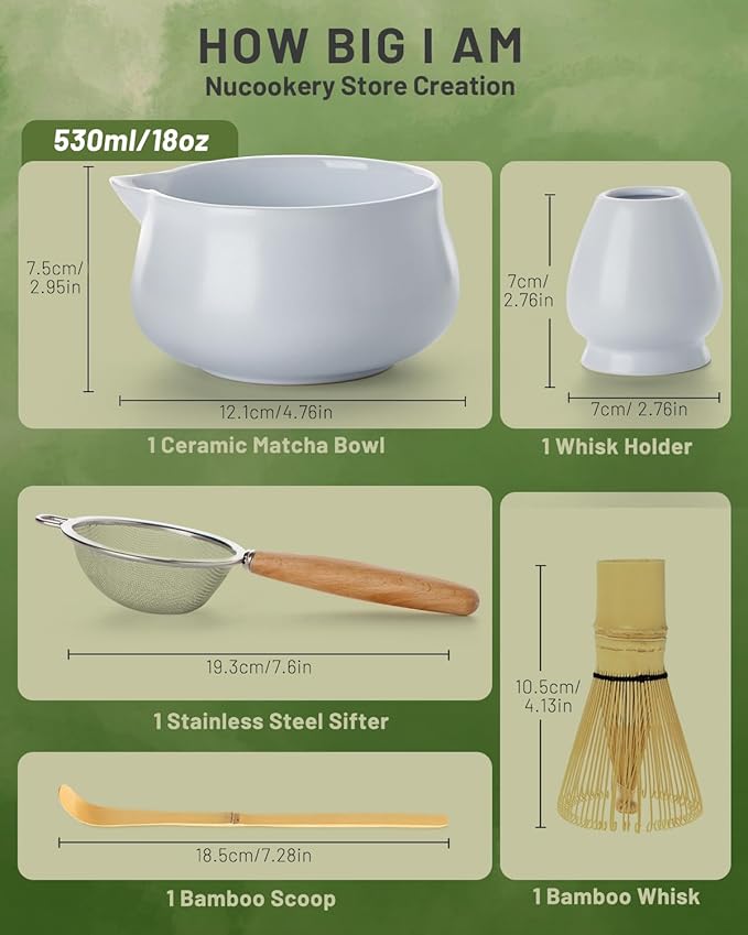 Nucookery Matcha Set - 5PCS Matcha Whisk Set, 18OZ Matcha Bowl (Chawan) with Spout, Matcha Whisk (Chasen) and Holder, Bamboo Matcha Scoop and Sifter, Matcha Kit/Tools/Accessories for Tea Ceremony