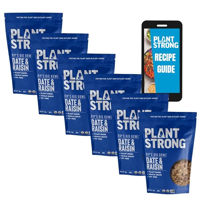 Rip's Big Bowl Cereal - PLANTSTRONG Date & Raisin and Recipe Guide (6-pack) Non-GMO Whole-Grain Plant-Based Oil Free Pack of 6 x 14oz Bags