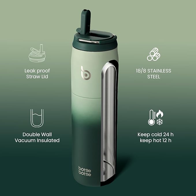 BOTTLE BOTTLE Stainless Steel Water Bottle with Straw and Lid, 32 oz Vacuum Insulated Flask Stay Cold for 24 Hrs Hot for 12 Hrs Leak-Proof Wide Mouth Sports Water Bottles for Men green