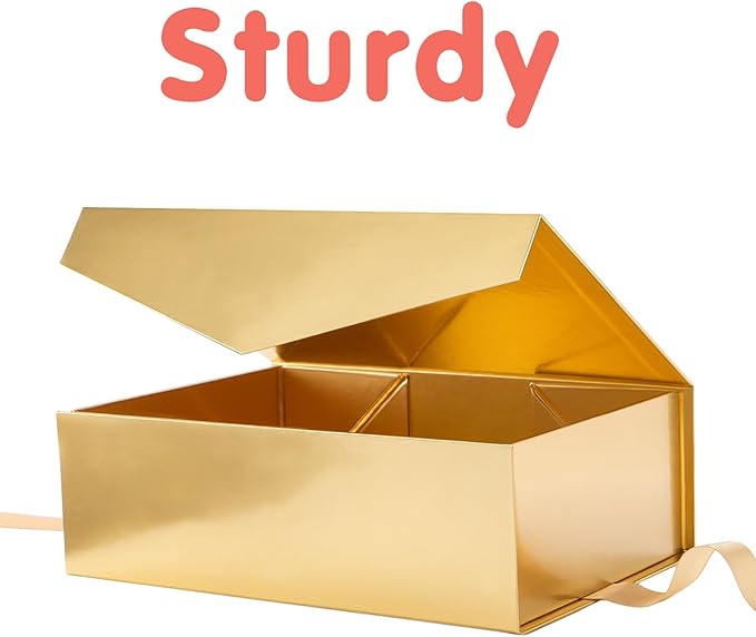 HAPPY POTATO Large Gift Box with Lid and Ribbon 11.5x8.1x3.8 Inches, Bridesmaid Proposal Box, Magnetic Gold Gift Box for Presents (Glossy Gold)