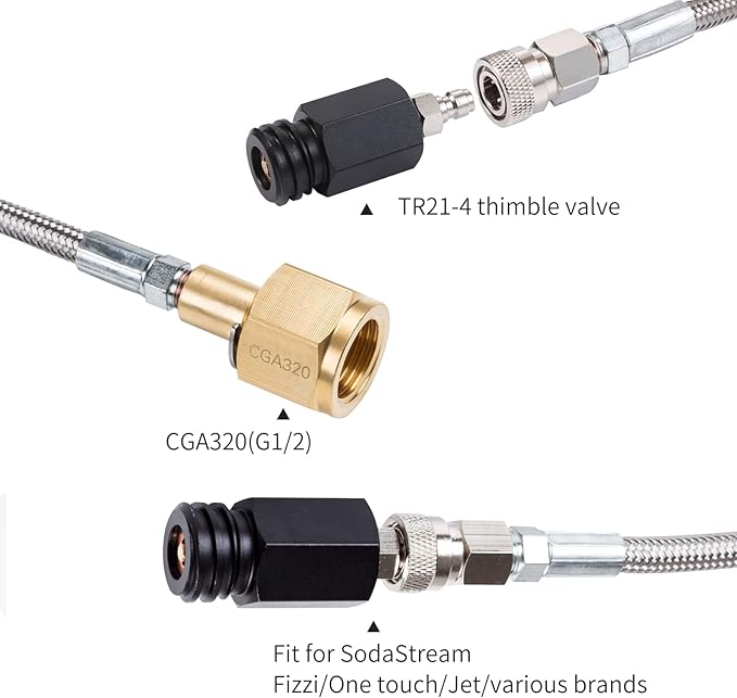 CO2 Tank CO2 Cylinder Direct Adapter with 60in Stainless Steel Hose, CGA320 to TR21-4 Carbonated Water Soda Maker Connector for Fizzi One Touch Jet Ninja Thirsti