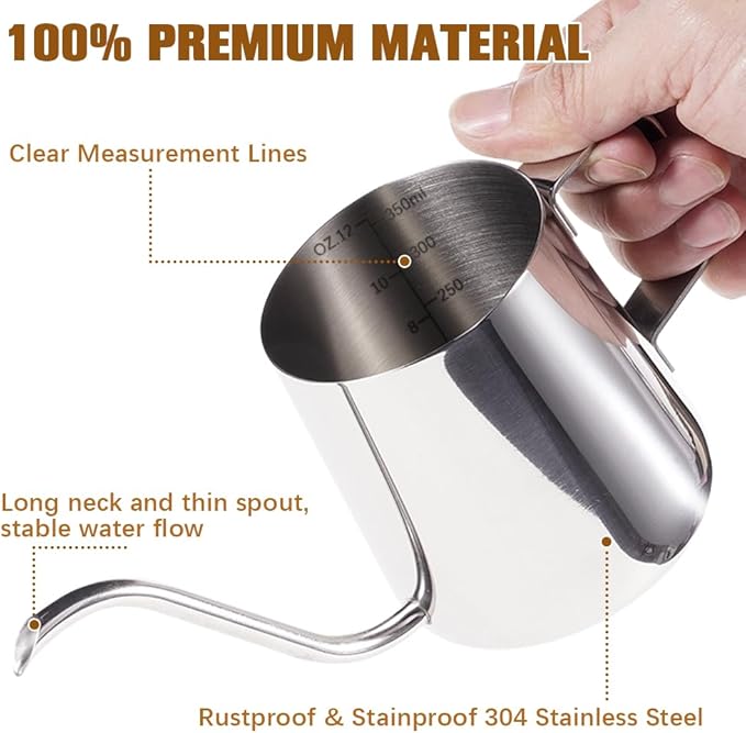 Milk Frothing Pitcher, 350ml/12oz Gooseneck Spout Coffee Tea Pot, Milk Frother Cup Stainless Steel, Milk Coffee Cappuccino Latte Art Barista Steam Pitchers Milk Jug Cup
