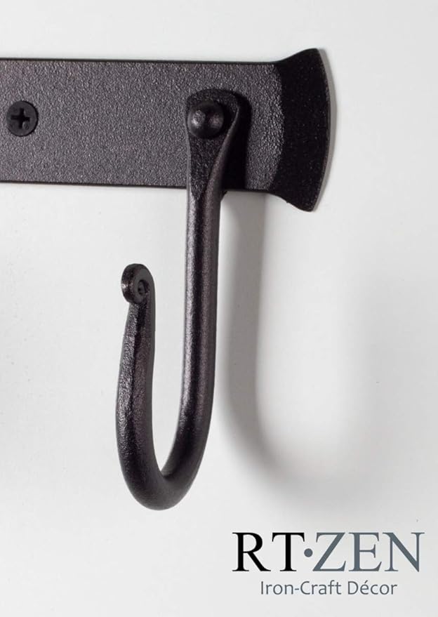 RTZEN Wall Mount Hook Set - Wrought Iron Decorative Rustic Metal Coat Hooks for Hanging - Handcrafted Classic Farmhouse Wall Mounted Black Hooks for Towel Robe or Hat Hanging - 5 Hook Rack