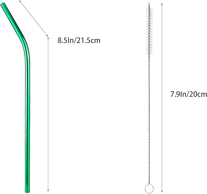 10 Pcs Stainless Steel Straws, Reusable Drinking Straws, Bent Metal Straw Sets with 2 Pcs Cleaning Brushes (Green, 8.5 Inch)