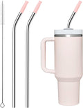 Repeatable Metal Straw with Silicone Tips for 30 oz Stanley Tumbler, 2 Pcs 30 oz Stainless Steel Straws Replacement for Stanley Tumbler, 1 Straw Brush, BPA Free（Light Pink）