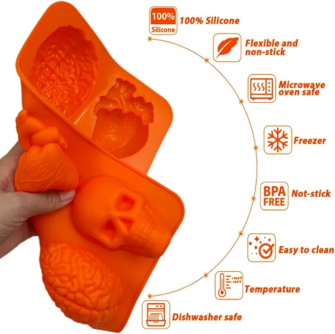 2 Pack Brain Heart Skull Cake Mold, 3D Human Organ Brain Jello Mold Halloween Silicone Molds Heart Skull Brain Chocolate Mold for Halloween Baking Mini Cakes Soap Candle Muffin Pudding Dessert