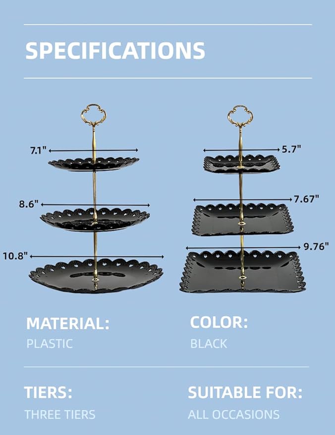 RAUVOLFIA 2 Pack of Plastic Round & Square Dessert Cupcake Stand, 3 Tier Cup Cake Holder Tower for Tea Party/Birthday/Wedding, Plastic Tiered Serving Tray (Black)
