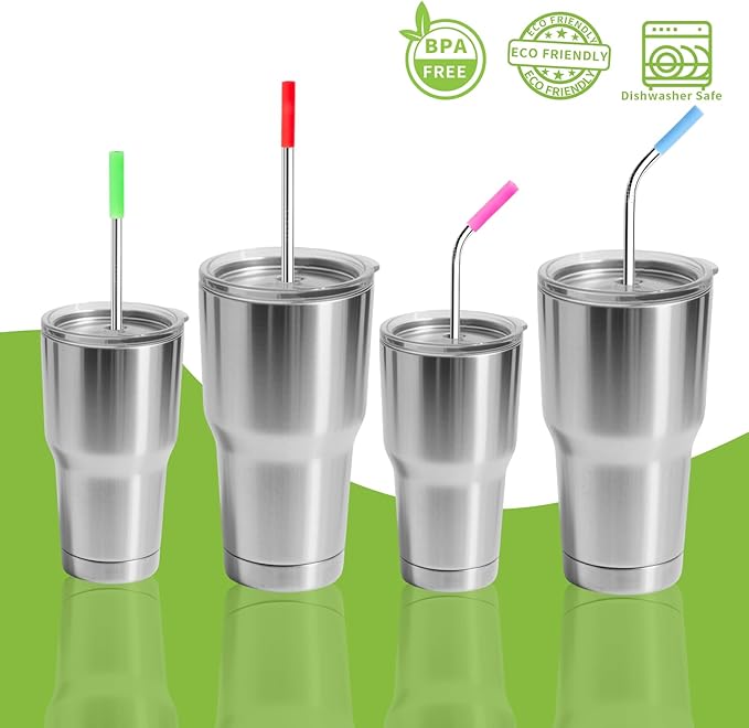 Lazycorner 16 Pcs Metal Straw Reusable 8.5" 10.5" 6mm Stainless Steel Straws for Kids,20oz-32oz, Silver Drinking Straws with Silicone Tips, 4 Straw Cleaner Brush, 1 Travel Case