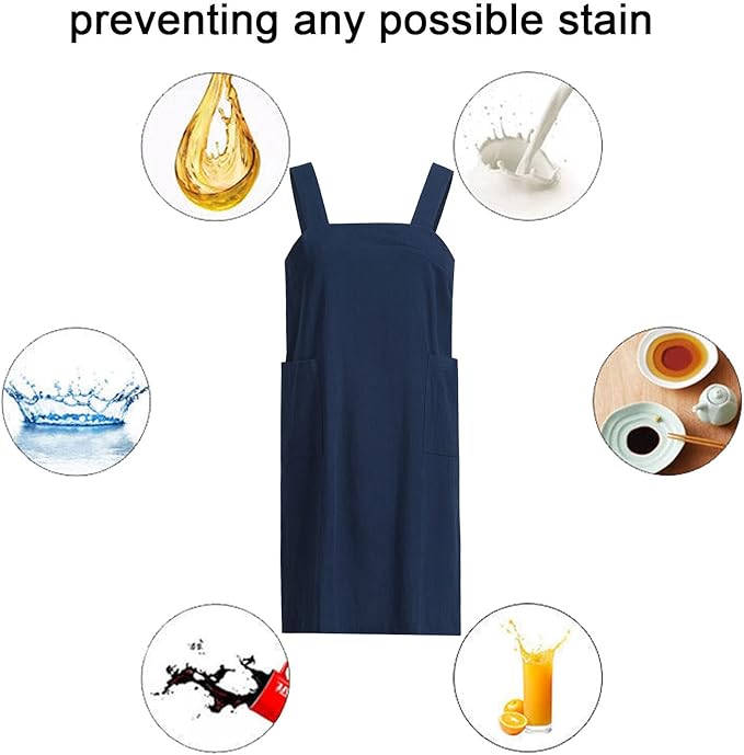 ZQFFB Pinafore Cross Back Apron for Women with Pockets Japanese Smock for Work Gardening Cooking Painting Baking