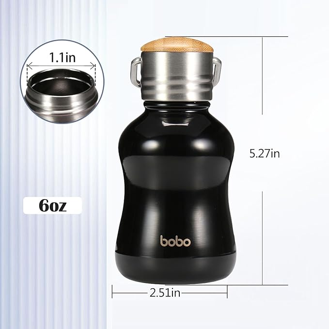 YOHKOH Mini Vacuum Insulated Water Bottle With Bamboo Lid - Stainless Steel Thermos Water Bottle for Women Girls Kids, Metal Sports Hot and Cold Water Bottle Leak-Proof BPA-Free (6.4oz,Black)