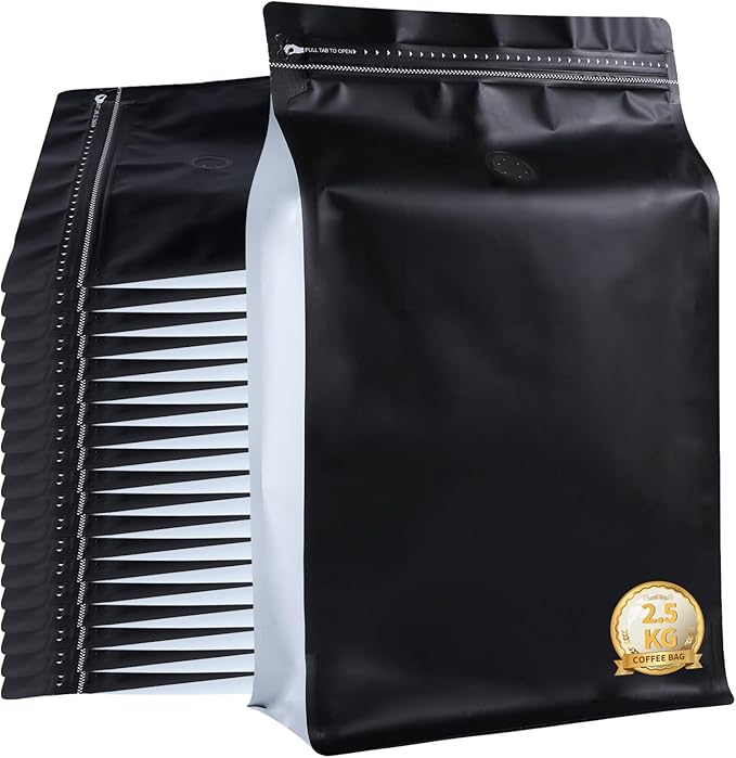 New 2.5 KG Large Capacity Coffee Bags with Valve (50 PCS) Black Sides White High Barrier Aluminum Foil Flat Bottom Standing Coffee Beans Storage Packaging Bags, Reusable Heat Seal Side Zipper Pouches