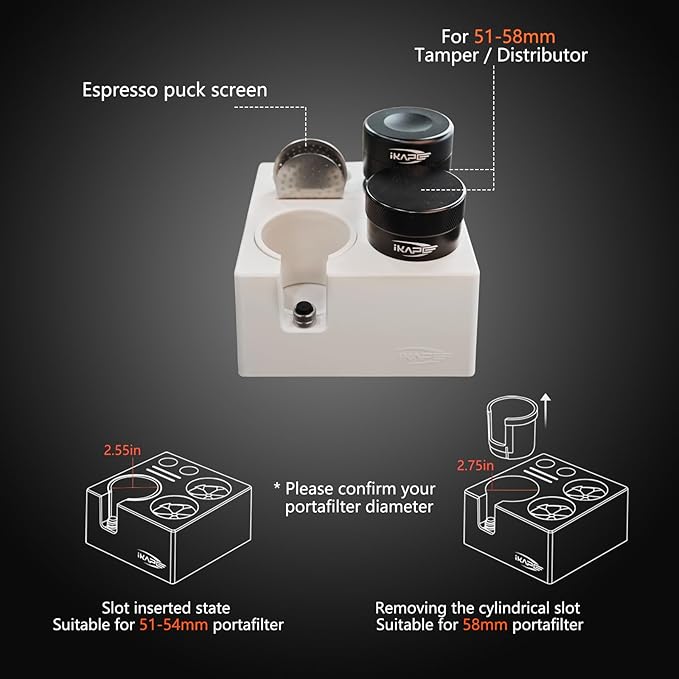IKAPE ABS Espresso Knock Box, 7 in 1 Coffee Organizer Box Fit for Storage 51, 54, 58MM Espresso Tamper, Distributor, Portafilter & Puck Screen Accessories(White)