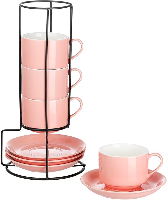 YOLIFE 8oz Porcelain Stackable Cappuccino Cups with Saucers and Metal Stand Set of 4, Coffee cups for Espresso, Specialty Coffee Drinks, Latte, Americano and Tea - Pink