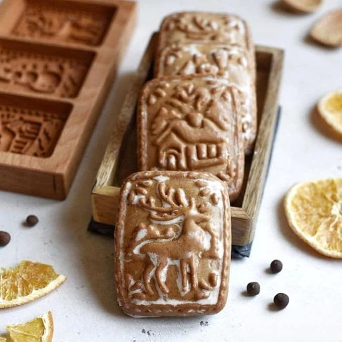 MOTEERLLU Wooden Cookie Molds Baking, Wood Cookie Stamp Cutter Carved Biscuit Embossing Gingerbread Mold
