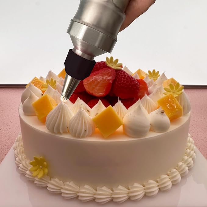 Dessert Decorating Piping Syringe Set Cake Decorating Tool Cookie Gun Press,Icing Decoration Gun,Frosting Piping Kit 6 Piping Icing Nozzles for Baking,Decorating Cupcake,Deviled Eggs (Silver & Black)