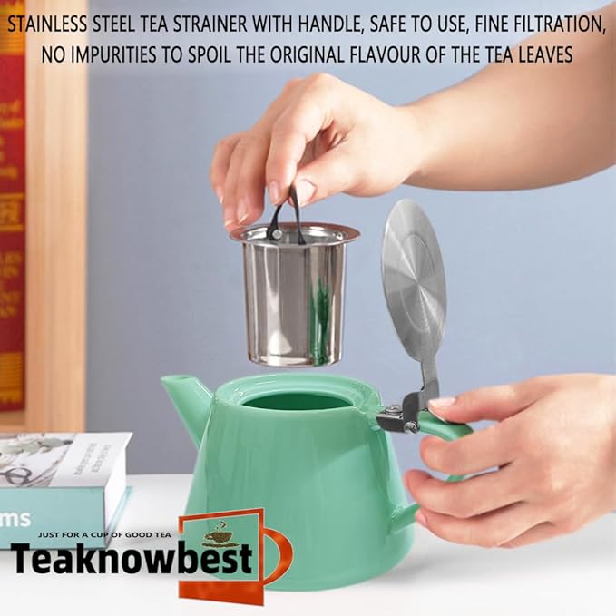 Ceramic teapot, 19oz Tea pot for loose leaf tea, Tea infuser pot with Removable 18/8 Stainless Steel Infuser and teaspoon, Suitable for 1-2 people to brew tea or coffee (azure)