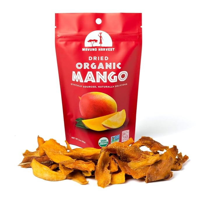 Mavuno Harvest Mango Dried Fruit Snacks | Unsweetened Organic Dried Mango Slices | Gluten Free Healthy Snacks for Kids and Adults | Vegan, Non GMO, Direct Trade | 2 Ounce, Pack of 6