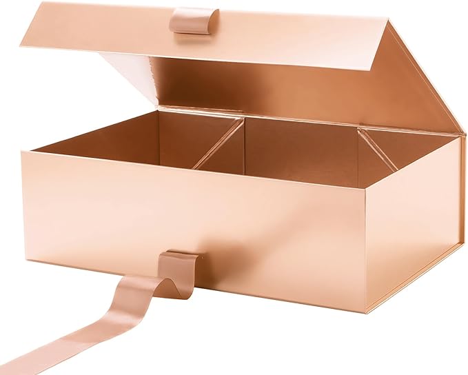 HAPPY POTATO Large Gift Box with Lid and Ribbon 13.5x9x4.1 Inches, Bridesmaid Proposal Boxes, Rose Gold Gift Boxes for presents (Glossy Rose Gold)