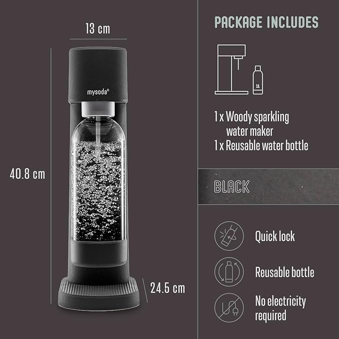 Mysoda Woody Sparkling Water Maker - Silent Carbonated Water Machine Made of Renewable Wood Composite and 1L Water Bottle - Without CO2 Cylinder - Seltzer Maker Machine - Colour Black
