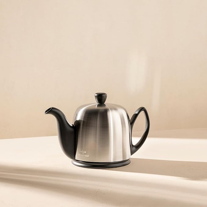 Salam Luxury French Tea Pot - Porcelain Teapot with Brushed Aluminum Cover, Ceramic Tea Kettle for Loose Tea, Removable Infuser, 6 Cup Capacity, 36oz - Aluminum
