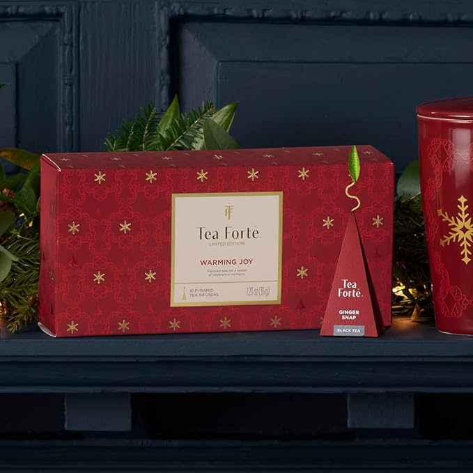 Tea Forte Warming Joy Holiday Premium Petite Presentation Box Gift Set Sampler, 10 Count, 2 of Each Blend Individually Wrapped Handcrafted Pyramid Infuser Bags