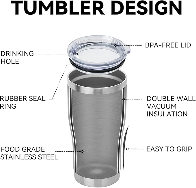 DOMICARE 20oz Tumbler with Lid Stainless Steel Tumblers Bulk, Double Wall Vacuum Insulated Coffee Travel Mug, Stainless Steel