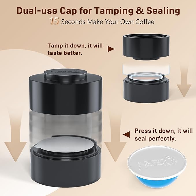 Nessus Reusable Kit for Nespresso Pods Vertuo, Reuse Old Coffee Pods for Nespresso Vertuo: 100 Pcs Aluminum Foil Seal Lid, Holder, Brush, Refillable Vertuo Plus Next Capsule Machine