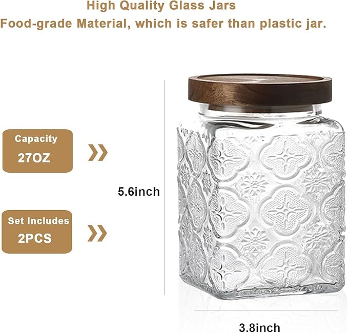 Snminetal Vintage Glass Airtight Storage Jar Set of 2, With Airtight Wood Lid, Kitchen Food Storage Containers,Suitable for storage Tea leaves,Coffee Beans,dried fruits, cereals, etc(Plum pattern)