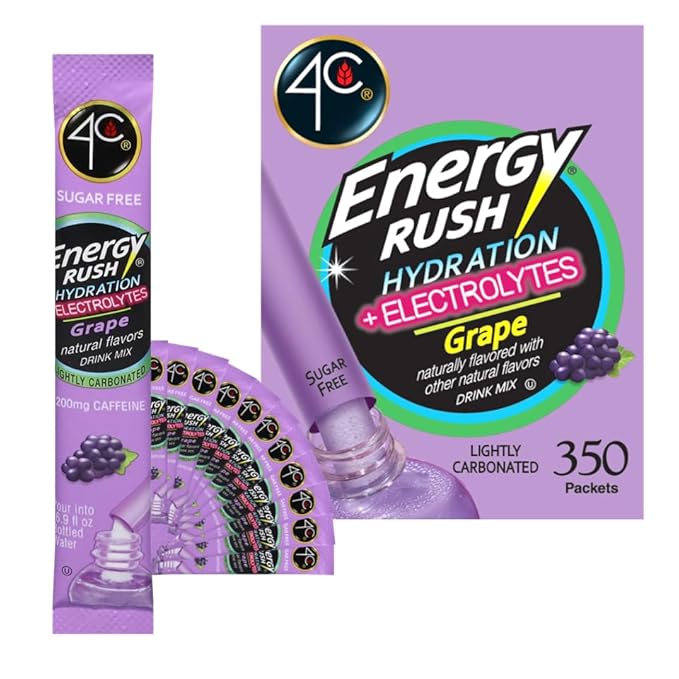 4C Powder Drink Mix, Bulk Buy, Singles Stix, On the Go, Refreshing Water Flavorings, Value Pack (Energy Rush - Grape, 350 Count (Pack of 1))