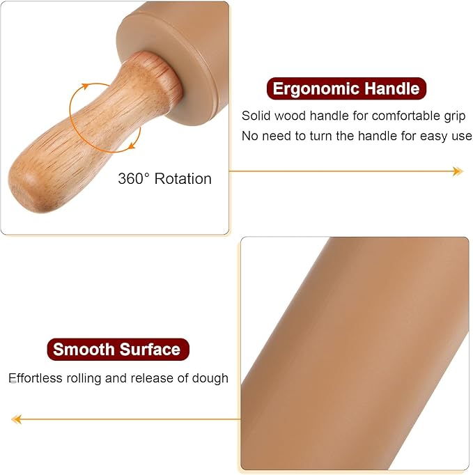 HARFINGTON Silicone Rolling Pins for Baking 9.25 Inch Non-Stick Silicone Surface Wooden Handle Rolling Pin Small Roller Playdough Rolling Pins for Fondant Kitchen Dough Pizza, Brown