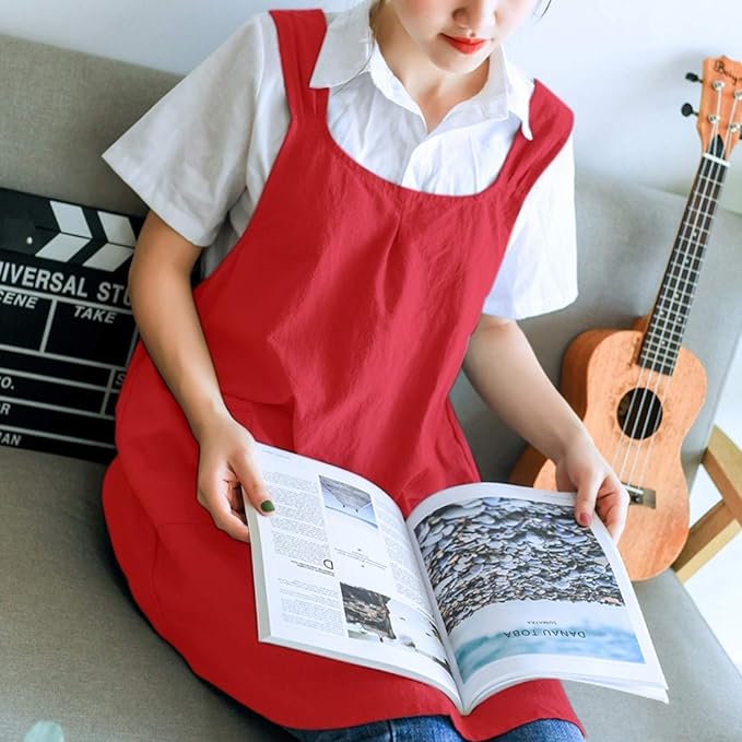 NEWGEM Japanese Linen Cross Back Cooking Aprons for Women Men with Pockets Cute for Baking Kitchen