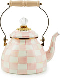 MACKENZIE-CHILDS Enamel Tea Kettle, Stylish Tea Kettle for Stovetop, Pink-and-White Rosy Check, 2 Quarts