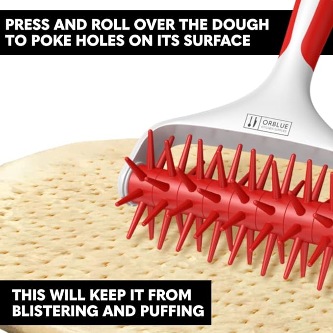 Orblue Pizza Dough Docker, Pastry Roller with Spikes, Pizza Docking Tool for Home & Commercial Kitchen - Pizza Making Accessories that Prevent Dough from Blistering, Red