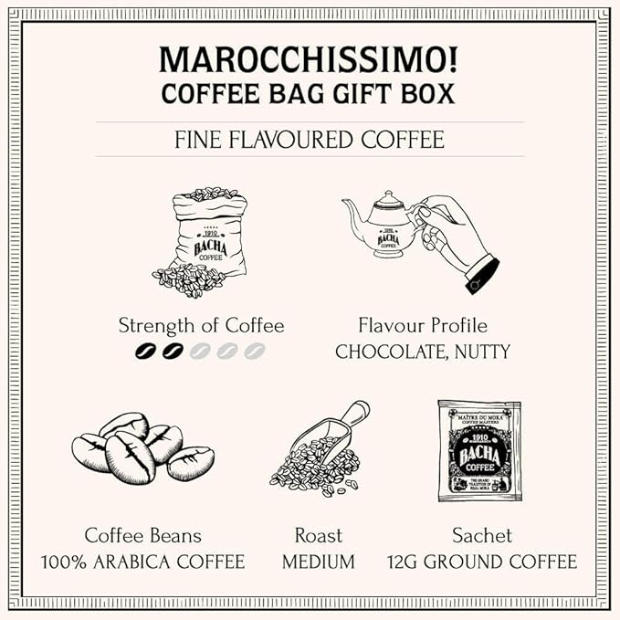 Bacha Coffee | Marocchissimo! Fine Flavoured, Medium Roast, 100% Arabica Specialty Coffee, 12 Coffee Drip Bags, Gift Box