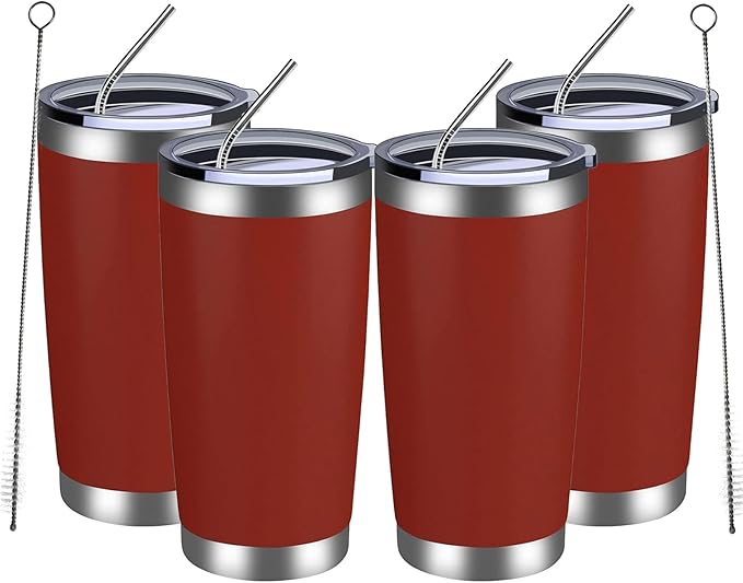 MEWAY 20oz Tumbler 4 Pack Double Wall Vacuum Insulated Travel Mug Bulk, Stainless Steel Tumblers with Lid and Straw, Powder Coated Coffee Cups for Cold & Hot Drinks (Red, Set of 4)