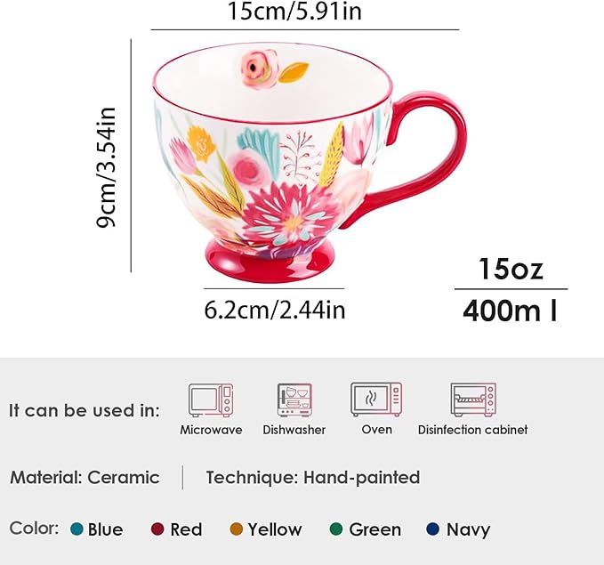 Vintage Flower Mugs – Large Ceramic Coffee Mug (15oz) – Cute Cereal Cup for Breakfast, Oatmeal Tea & Hot Drinks – Handmade Ceramic Cup with Floral Design
