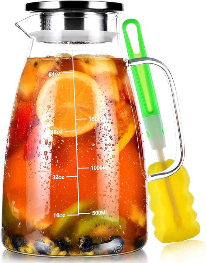 Aofmee Glass Pitcher, 68oz Water Pitcher with Lid and Precise Scale Line, 18/8 Stainless Steel Iced Tea Carafe, Easy Clean Heat Resistant Borosilicate Jug for Juice, Milk, Cold or Hot Beverages