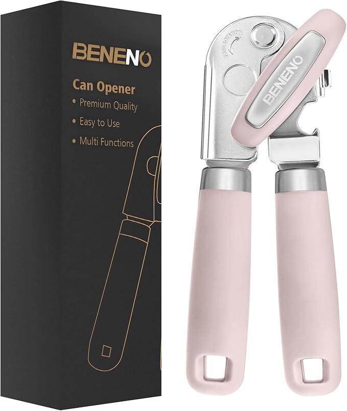 Beneno Can Opener Manual with Magnet, Hand Held Heavy Duty Can Opener with Durable Sharp Blade Smooth Edge, Big Effort-Saving Knob, Soft Grip Rubber Handle, Multifunctional Bottle Opener, Light Pink