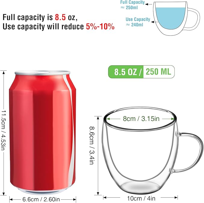 Glass Coffee Cups Set of 2, 8.5oz Double Walled Glass Mugs with Handles, Clear Insulated Coffee Mug Espresso Cups, Cappuccino Latte Tea Cups Set, Heat Resistant Borosilicate Clear Glasses