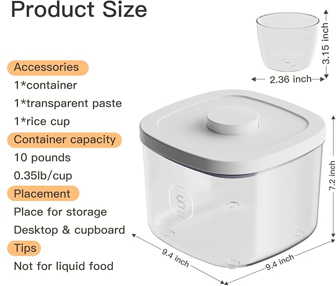 10 Lbs Storage Container Bin Rice Dispenser with Measuring Cup Food Cereal Container Bins Household for Kitchen Pantry Organization