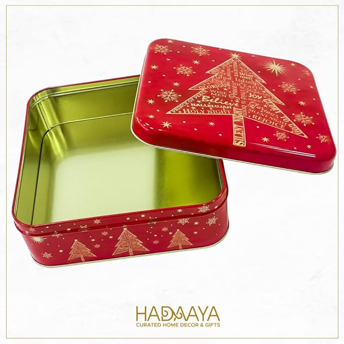 Pack of 2 Square Metal Christmas Cookie Tin Set, Red & Gold, Multipurpose Gift Tins, Durable Storage Solution for Cakes, Candies & More